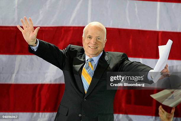 John McCain, U.S. Senator from Arizona and 2008 Republican presidential candidate, gives a victory speech at a primary night rally in Miami, Florida,...