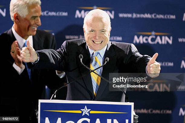 John McCain, U.S. Senator from Arizona and 2008 Republican presidential candidate, gives a victory speech at a primary night rally in Miami, Florida,...