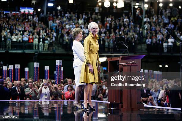 First Lady Laura Bush, wife of U.S. President George W. Bush, left, and Cindy McCain, wife of Senator John McCain of Arizona, Republican presidential...