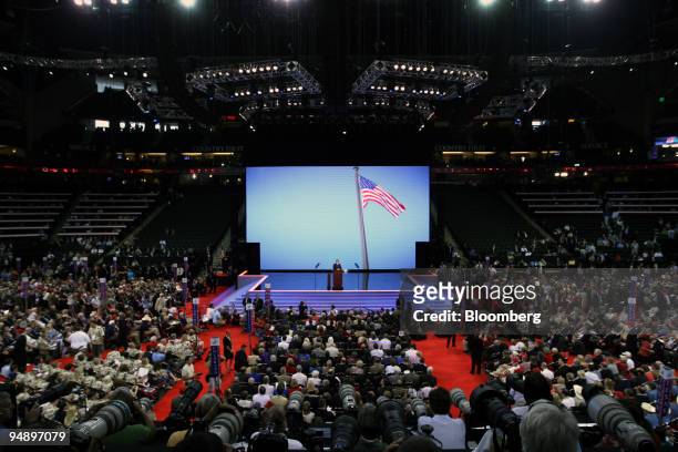 Flag appears on screen on day one of the Republican National Convention at the Xcel Center in St. Paul, Minnesota, U.S., on Monday, Sept. 1, 2008....