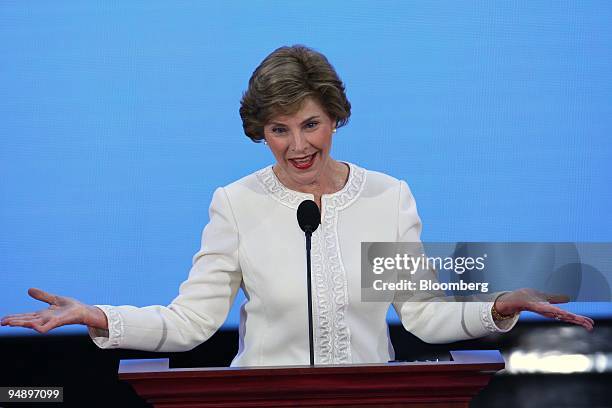 First Lady Laura Bush, wife of U.S. President George W. Bush, speaks on day one of the Republican National Convention at the Xcel Center in St. Paul,...