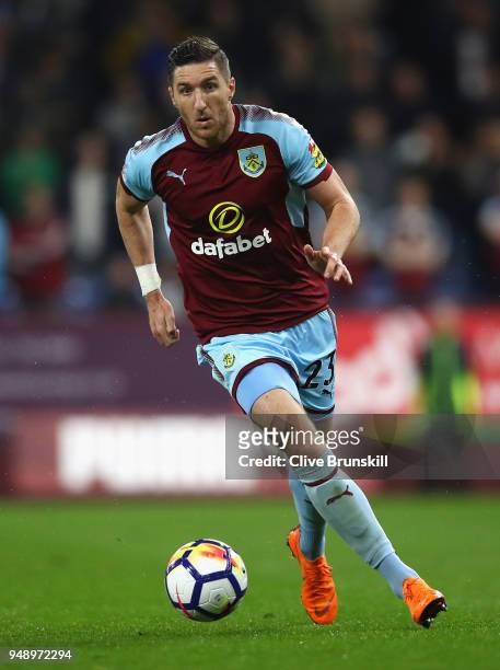 Stephen Ward of Burnley in action during the Premier League match between Burnley and Chelsea at Turf Moor on April 19, 2018 in Burnley, England.