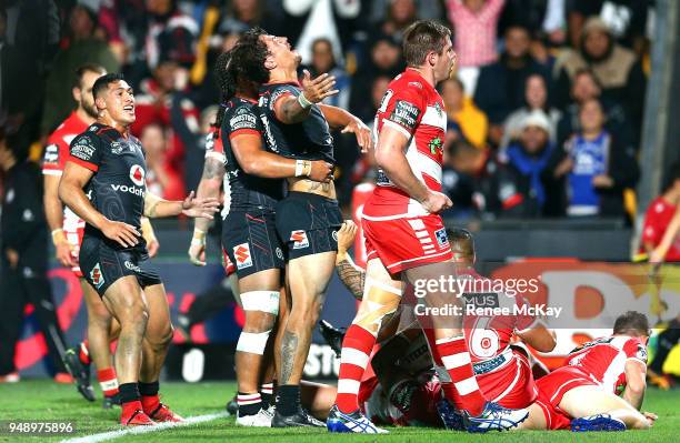 Anthony Gelling of the Warriors celebrates his try during the round seven NRL match between the New Zealand Warriors and the St George Illawarra...