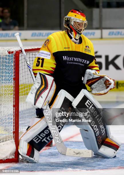 Timo Pielmeier, goaltender of Germany tends net against France during the Icehockey International Friendly match between Germany and France at BraWo...