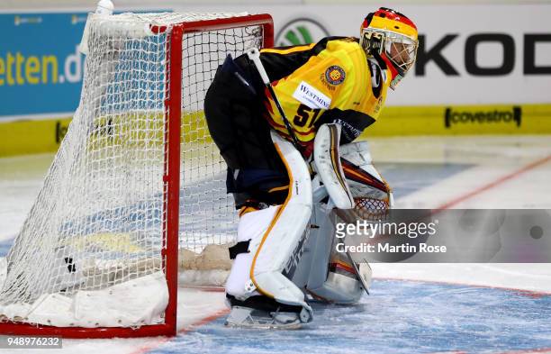 Timo Pielmeier, goaltender of Germany tends net against France during the Icehockey International Friendly match between Germany and France at BraWo...