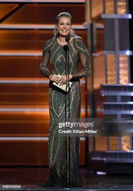 Rebecca Romijn speaks during the 53rd Academy of Country Music Awards at MGM Grand Garden Arena on April 15, 2018 in Las Vegas, Nevada.