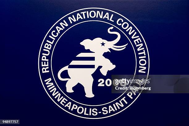 The logo of the Republican Party is displayed on a podium during a news conference regarding schedule changes for the Republican National Convention...