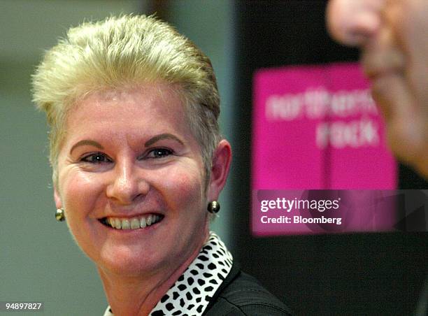 Ann Godbehere, chief financial officer of Northern Rock, reacts at a news conference at the bank's corporate headquarters in Newcastle Upon Tyne,...