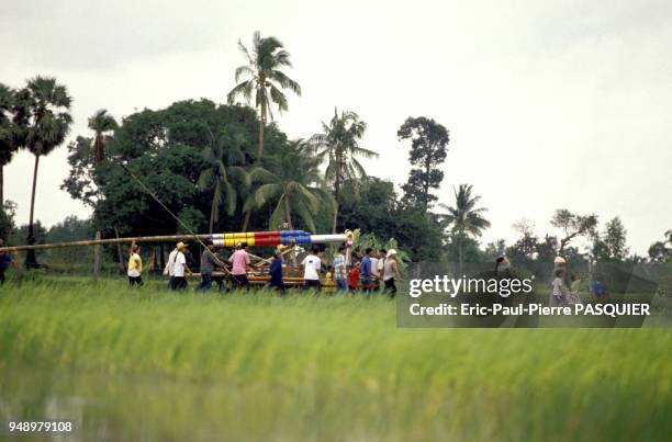 Procession of locals passing through the countryside on the outskirts of Yasothon: on their shoulders they carry the enormous 3 to 4 metre long...