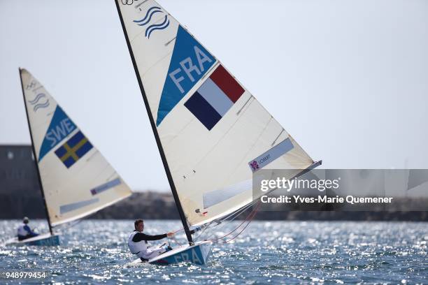 Jonathan Lobert of France competes in the Men's Finn Sailing on Day 7 of the London 2012 Olympic Games at the Weymouth & Portland Venue at Weymouth...