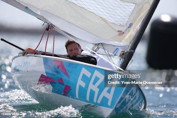 Jonathan Lobert of France competes in the Men's Finn Sailing on Day 7 of the London 2012 Olympic Games at the Weymouth & Portland Venue at Weymouth...