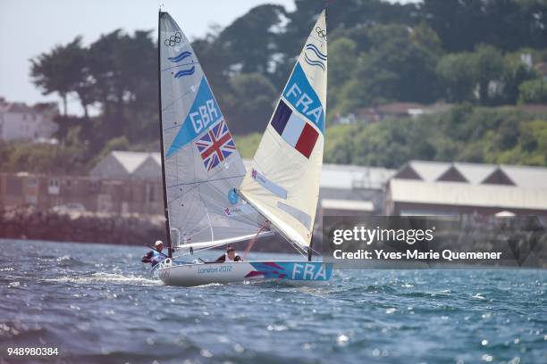Jonathan Lobert of France competes in the Men's Finn Sailing on Day 7 of the London 2012 Olympic Games at the Weymouth & Portland Venue at Weymouth...