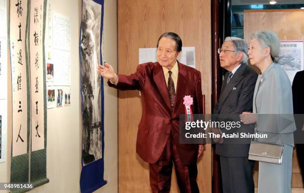 Emperor Akihito and Empress Michiko attend a calligraphy exhibition at the Mainichi Art Salon on April 14, 2018 in Tokyo, Japan.