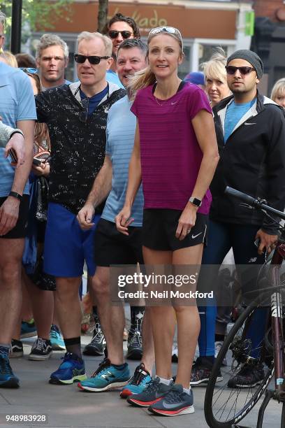 Paula Radcliffe and other runners seen outsiode the BBC Radio Studios ahead of this weekend's London Marathon on April 20, 2018 in London, England.