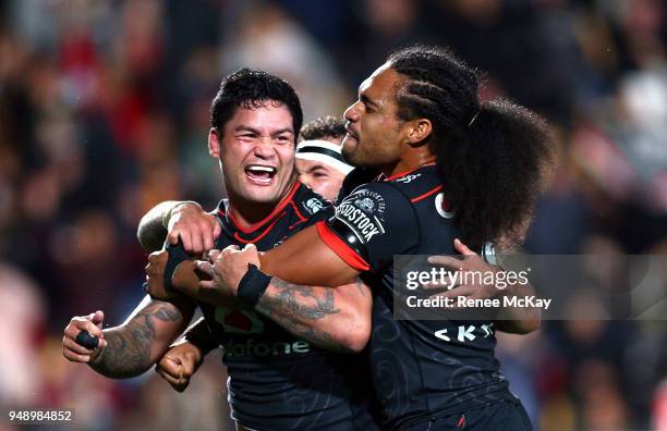 Issac Luke celebrates his try during the round seven NRL match between the New Zealand Warriors and the St George Illawarra Dragons at Mt Smart...