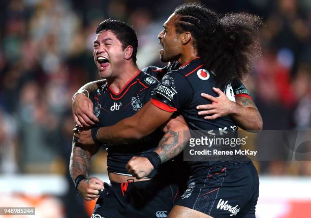 Issac Luke celebrates his try during the round seven NRL match between the New Zealand Warriors and the St George Illawarra Dragons at Mt Smart...