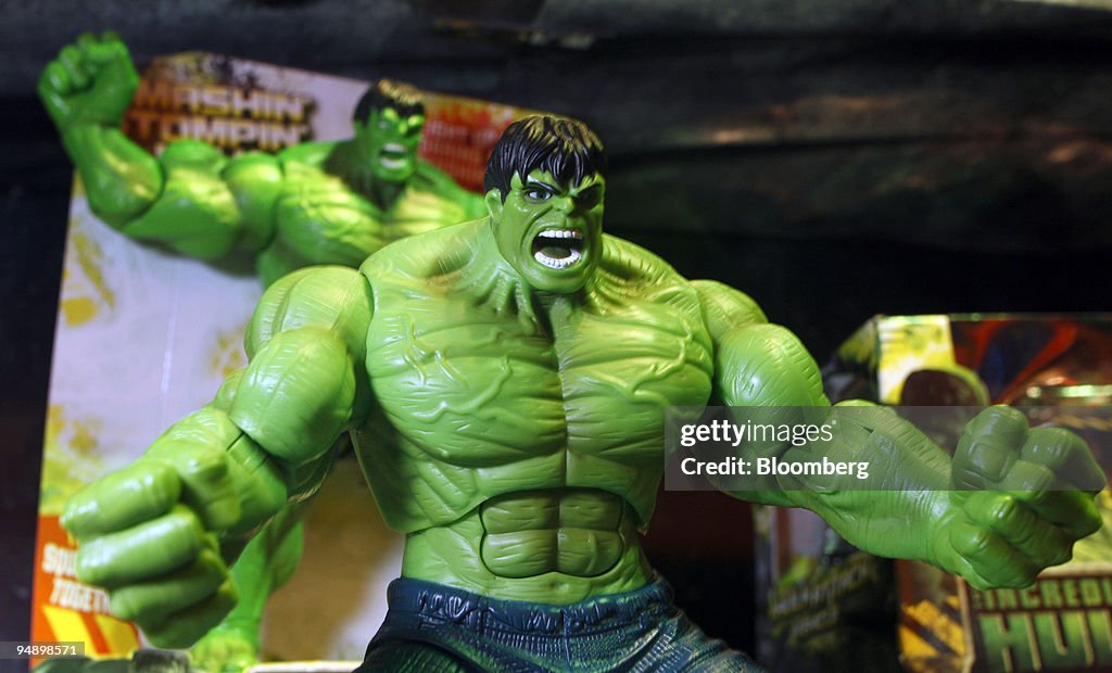 A Hasbro Inc. "Incredible Hulk" toy action figure is display