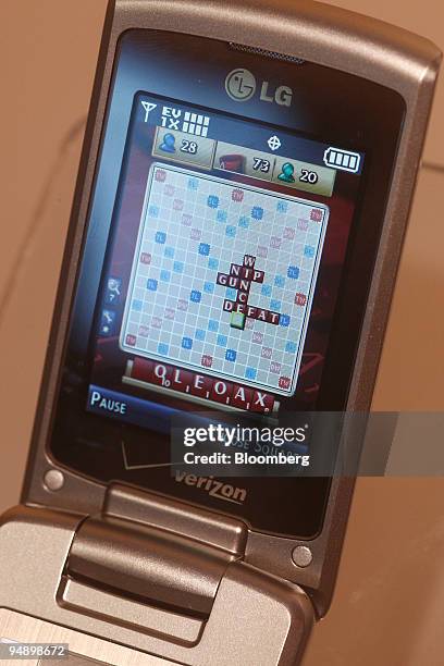 Mobile version of Hasbro Inc.'s Scrabble game, developed by Electronic Arts, is displayed on a mobile phone at the Hasbro New York Toy Fair 2008 in...