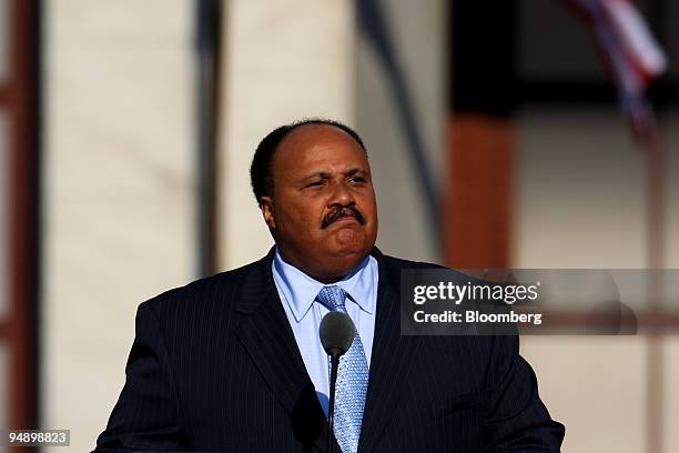 Martin Luther King III, eldest son of the late Dr. Martin Luther King Jr., speaks on day four of the Democratic National Convention at Invesco Field...