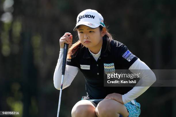 Miyu Yamato of Japan lines up for her putt on the first green during the final round of the Panasonic Open Ladies at Tanabe Country Club on April 20,...