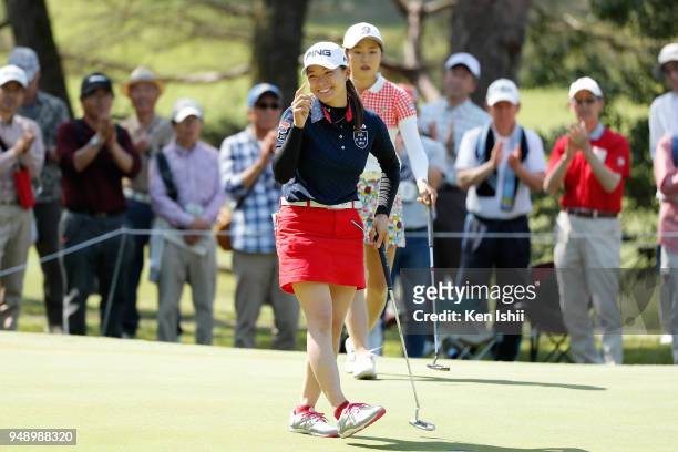 Hinako Shibuno of Japan smiles on the 17th green during the final round of the Panasonic Open Ladies at Tanabe Country Club on April 20, 2018 in...