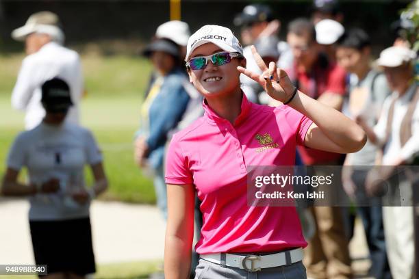 Budsabakorn Sukapan of Thailand smiles during the final round of the Panasonic Open Ladies at Tanabe Country Club on April 20, 2018 in Kyotanabe,...