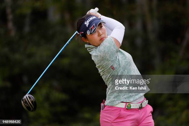 Saki Asai of Japan hits a tee shot on the 2nd hole during the final round of the Panasonic Open Ladies at Tanabe Country Club on April 20, 2018 in...