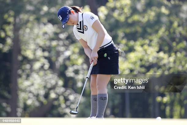 Moeno Tan of Japan hits a putt shot on the first green during the final round of the Panasonic Open Ladies at Tanabe Country Club on April 20, 2018...