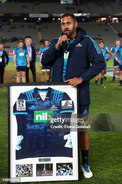 Patrick Tuipulotu of the Blues celebrates his 50th game with during the round 10 Super Rugby match between the Blues and the Highlanders at Eden Park...