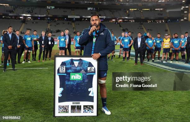 Patrick Tuipulotu of the Blues celebrates his 50th game with during the round 10 Super Rugby match between the Blues and the Highlanders at Eden Park...