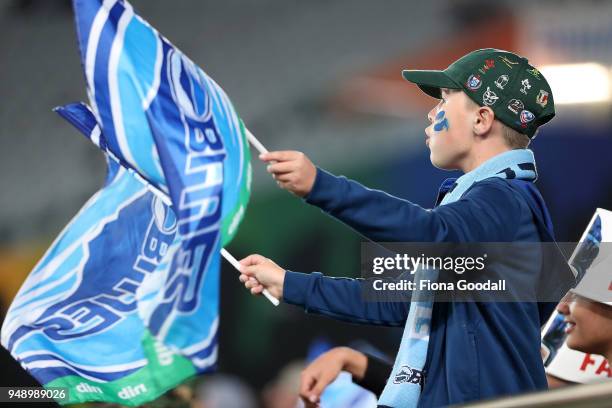 Fans during the round 10 Super Rugby match between the Blues and the Highlanders at Eden Park on April 20, 2018 in Auckland, New Zealand.