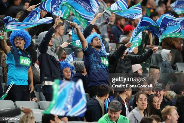 Fans during the round 10 Super Rugby match between the Blues and the Highlanders at Eden Park on April 20, 2018 in Auckland, New Zealand.