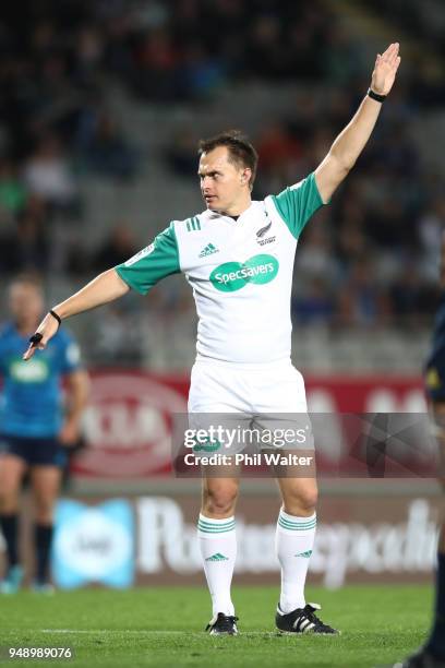 Referee Marius van der Westhuizen during the round 10 Super Rugby match between the Blues and the Highlanders at Eden Park on April 20, 2018 in...