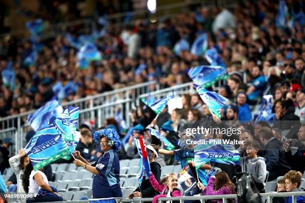 Blues fans during the round 10 Super Rugby match between the Blues and the Highlanders at Eden Park on April 20, 2018 in Auckland, New Zealand.