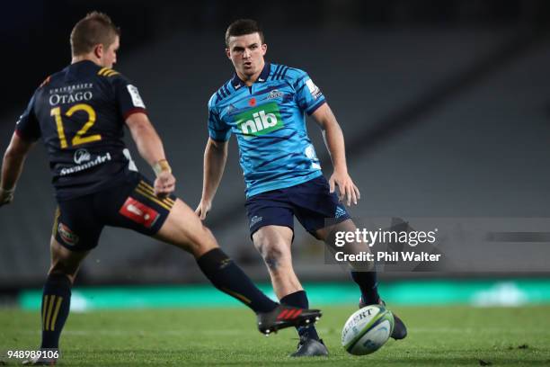 Bryn Gatland of the Blues during the round 10 Super Rugby match between the Blues and the Highlanders at Eden Park on April 20, 2018 in Auckland, New...