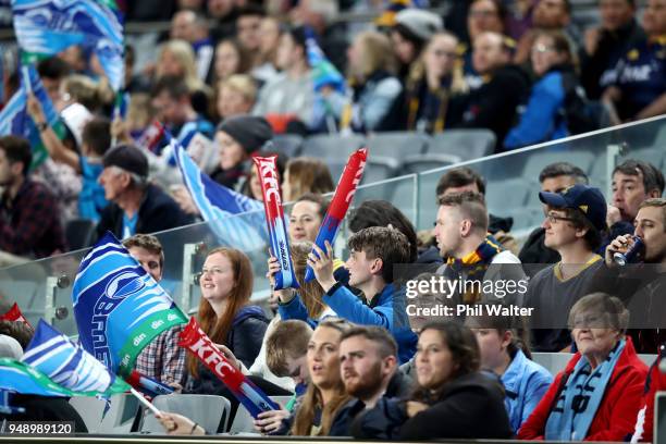 Blues fans during the round 10 Super Rugby match between the Blues and the Highlanders at Eden Park on April 20, 2018 in Auckland, New Zealand.