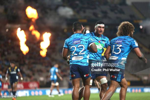 Tumua Manu of the Blues celebrates his try during the round 10 Super Rugby match between the Blues and the Highlanders at Eden Park on April 20, 2018...