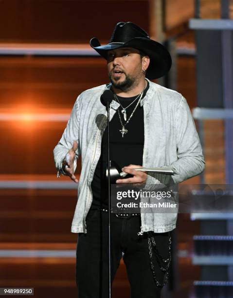 Jason Aldean accepts the Entertainer of the Year award during the 53rd Academy of Country Music Awards at MGM Grand Garden Arena on April 15, 2018 in...