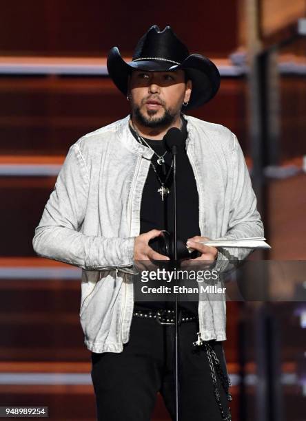 Jason Aldean accepts the Entertainer of the Year award during the 53rd Academy of Country Music Awards at MGM Grand Garden Arena on April 15, 2018 in...
