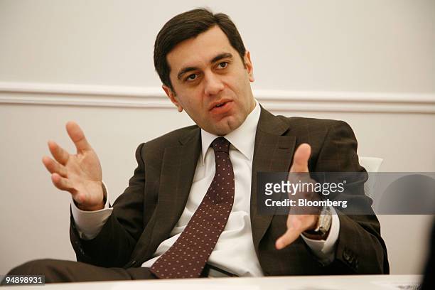 Irakli Okruashvili, former Georgian defence minister, speaks at the Bloomberg office in Paris, France, on Friday, Feb. 15, 2008. Okruashvili, an ally...