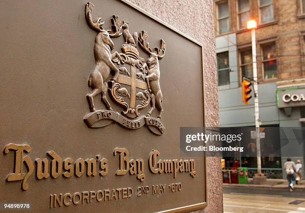 The Hudson's Bay Company coat of arms is seen on their "The Bay" which is attached to HBC's company head offices in Toronto, Canada August 13, 2004....