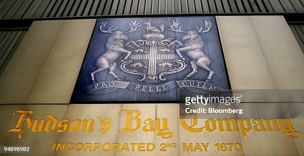 The Hudson's Bay Company coat of arms is seen over the company's "The Bay" store which is attached to HBC's company head offices in Toronto, Canada...