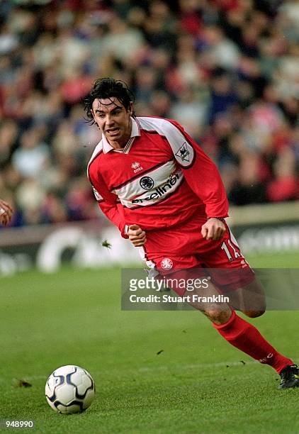 Keith O''Neill of Middlesbrough chases a loose ball during the FA Carling Premiership match against Derby County played at the Riverside Stadium, in...