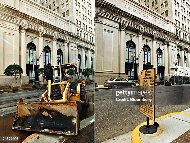 Top: A front end loader sits propped against the curb across the street from Hibernia National Bank headquarters in New Orleans, Louisiana,...