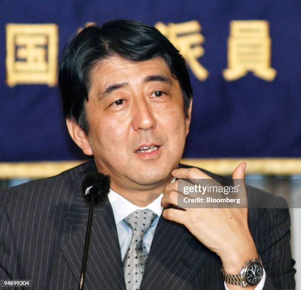 Shinzo Abe, Acting Secretary General of Japan's Liberal Democratic Party, speaks to the press in Tokyo, Monday, August 29, 2005.