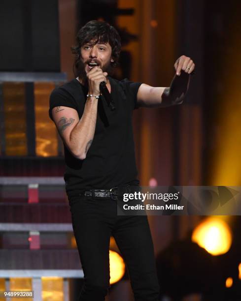 Chris Janson performs during the 53rd Academy of Country Music Awards at MGM Grand Garden Arena on April 15, 2018 in Las Vegas, Nevada.