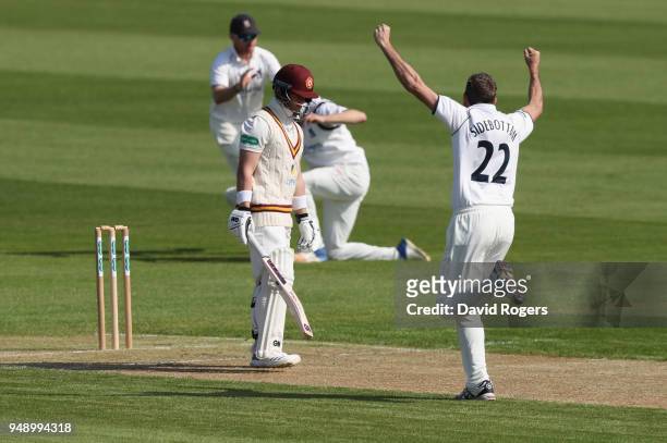 Ben Duckett of Northamptonshire is caught, first ball, by Will Rhodes of the bowling of Ryan Sidebottom during the Specsavers County Championship...