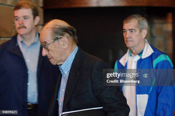 Alan Greenspan, chairman of the Federal Reserve Board walks through the lobby in the Jackson Lake Lodge in Teton National Park in Jackson Hole,...