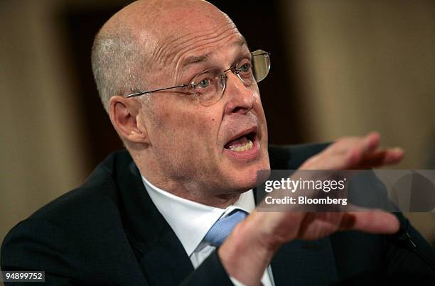 Henry Paulson, U.S. Treasury secretary, testifies at a Senate Banking Committee hearing in Washington, D.C., U.S., on Thursday, Feb. 14, 2008....