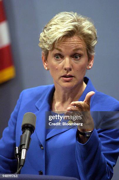 Michigan Governor Jennifer Granholm speaks at a news conference in Lansing, Michigan on Thursday, July 21, 2005 about her upcoming trip to Japan. She...